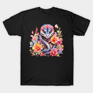 A snake decorated with beautiful watercolor flowers T-Shirt